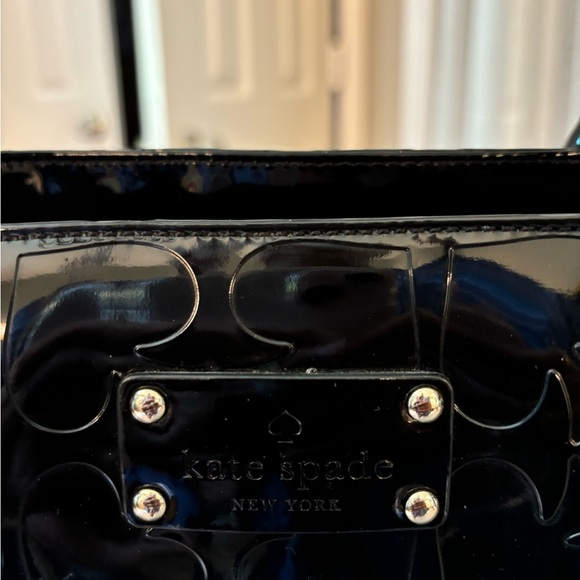 KATE SPADE PATENT LEATHER EMBOSSED TOTE, CORAL/WHITE STRIPED INTERIOR,EUC - Picture 4 of 5